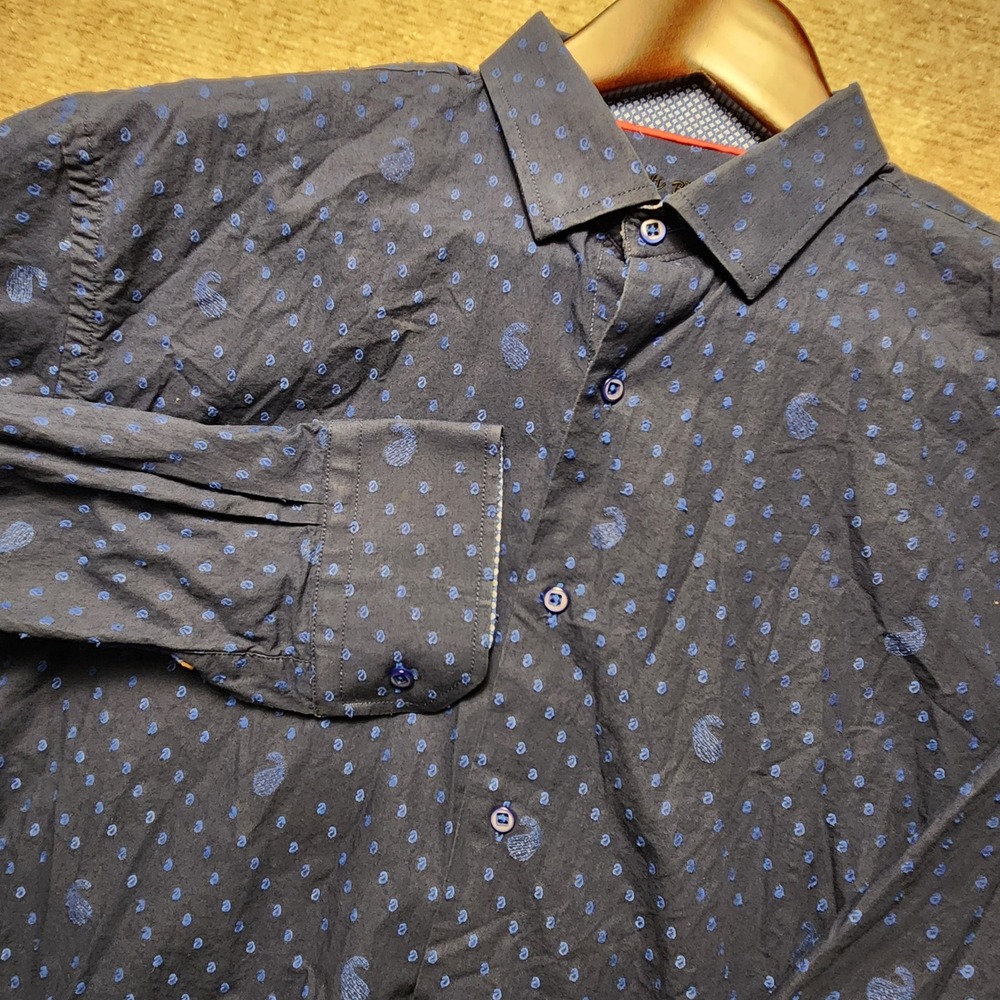 Visconti Black Button Down Mens Large Navy Blue Paisley Textured Long Sleeve